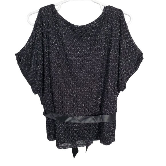 DressBarn Collection Sz 3X Top Open Knit Cold Shoulder Ribbon Tie Peplum Silver - Picture 2 of 9